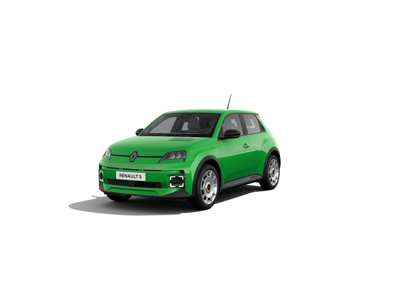 Renault 5 in leuchtendem Grün, sportliches Design, kompakte Größe, moderne Elemente, auf weißem Hintergrund.