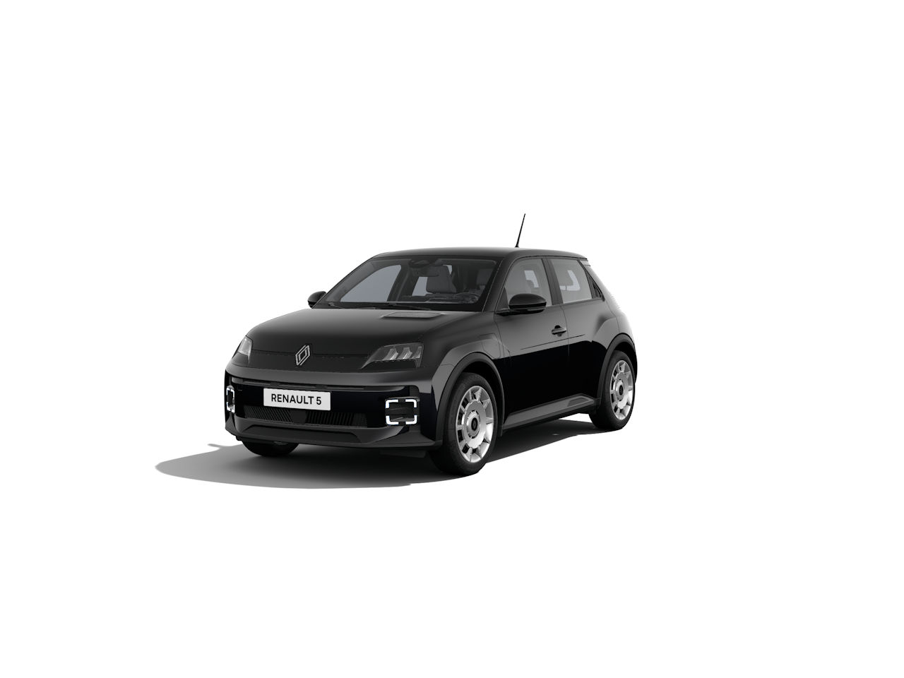 Schwarzer Renault 5 von vorne, auf einem weißen Hintergrund, zeigt modernes Design und kompakte Größe.