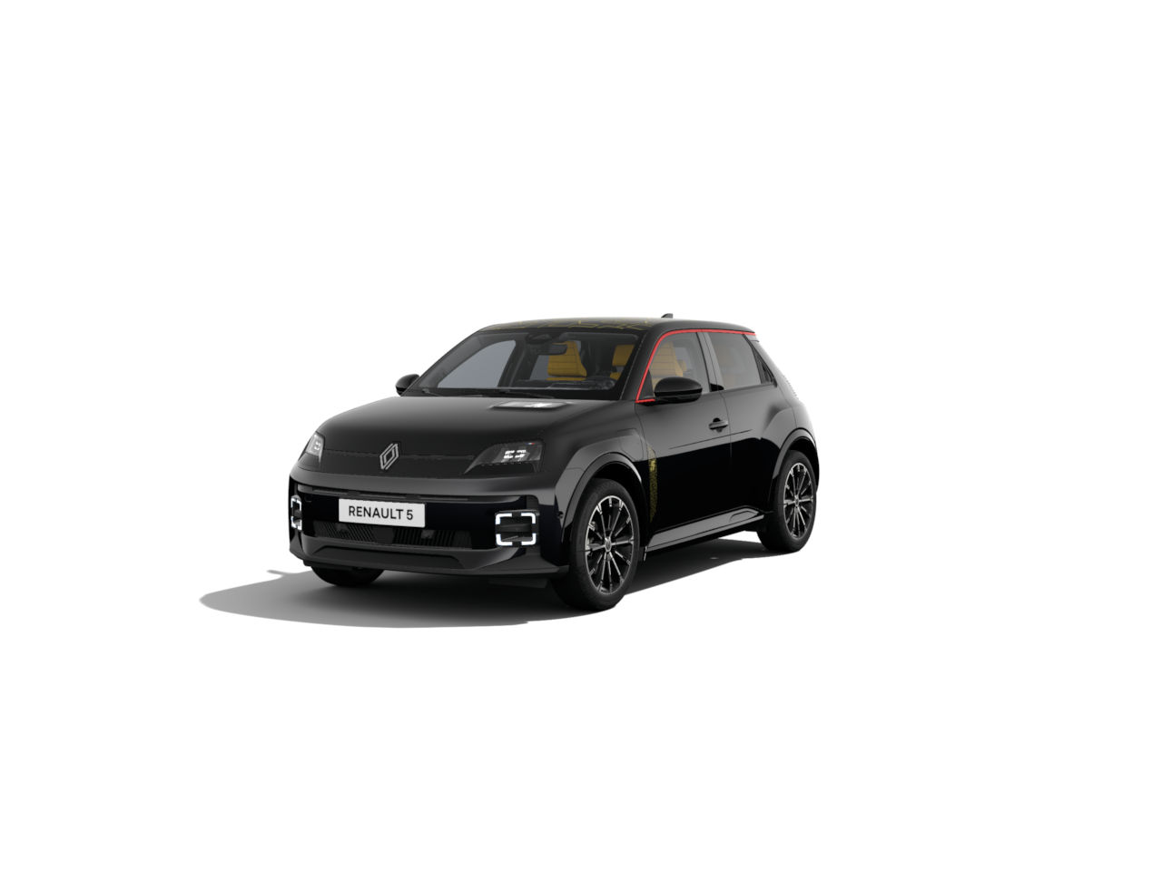 Schwarzes Renault 5 Auto mit roten Akzenten, modernen Scheinwerfern und sportlichem Design.