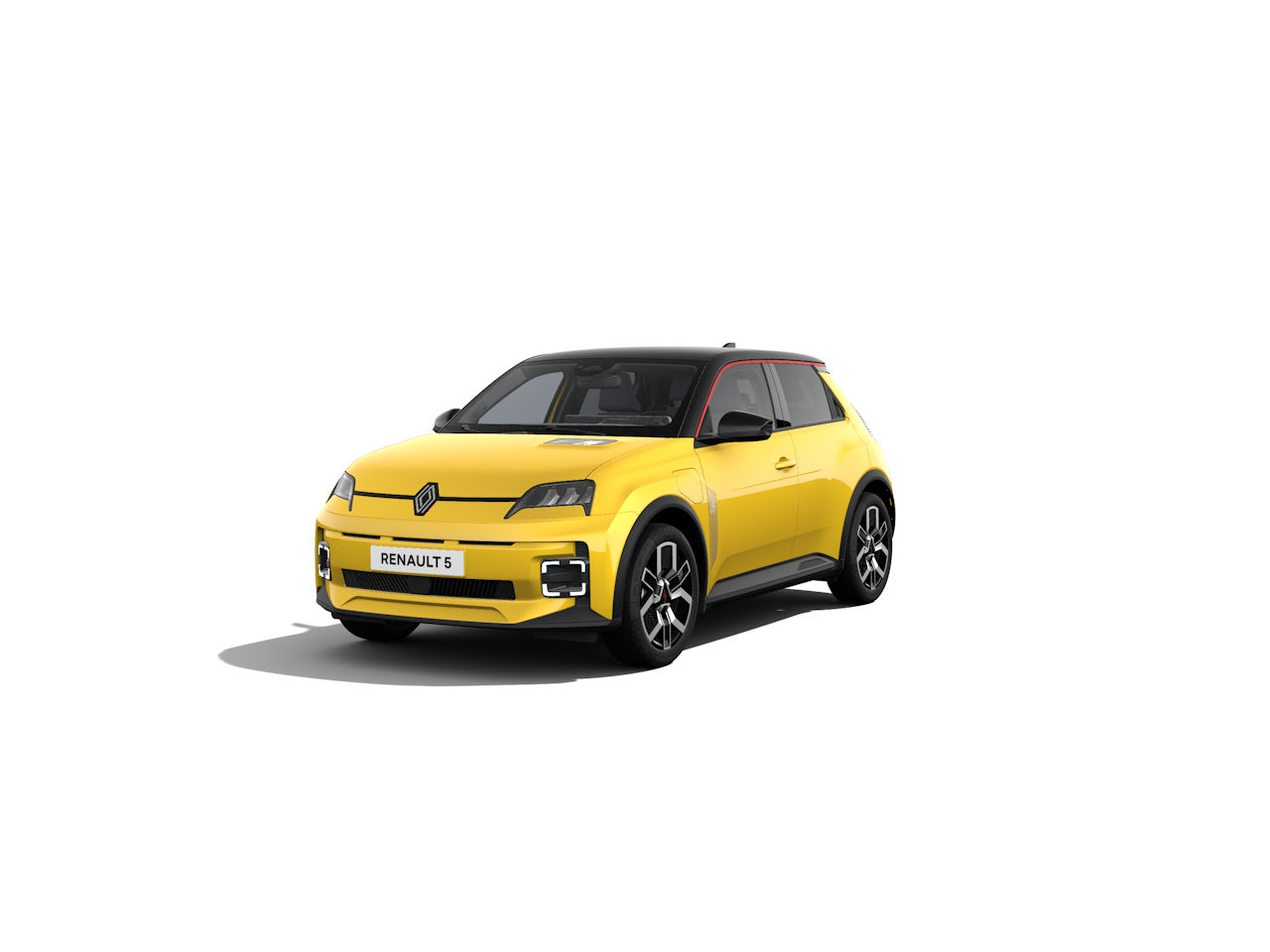 Gelber Renault 5 mit schwarzem Dach, modernem Design und sportlichen Akzenten, auf weißem Hintergrund.