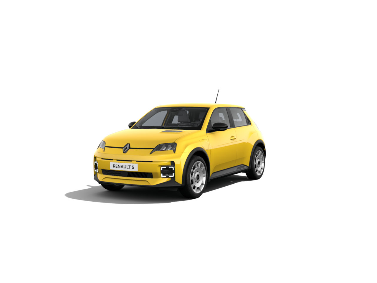 Renault 5 in leuchtendem Gelb, leicht von vorne links dargestellt, vor eine weiße Hintergrundfläche.