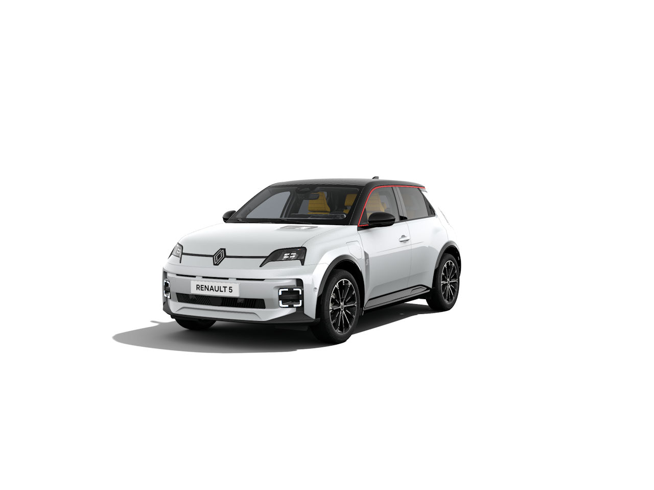 Weißer Renault 5 mit schwarz-rotem Dach, sportlichem Design und modernen Details.