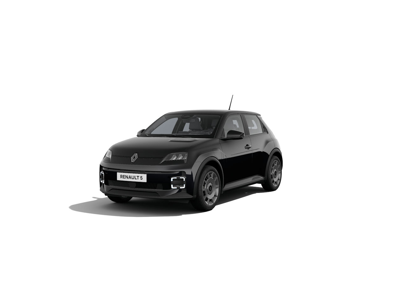 Schwarzer Renault 5, modernes design, vorne von links, auf weißem Hintergrund.