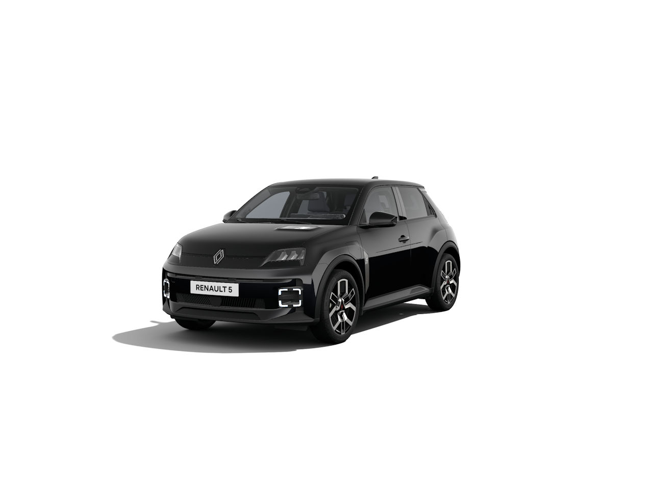 Schwarzer Renault 5, kompakter Stadtwagen mit modernem Design, frontal sichtbar auf neutralem Hintergrund.