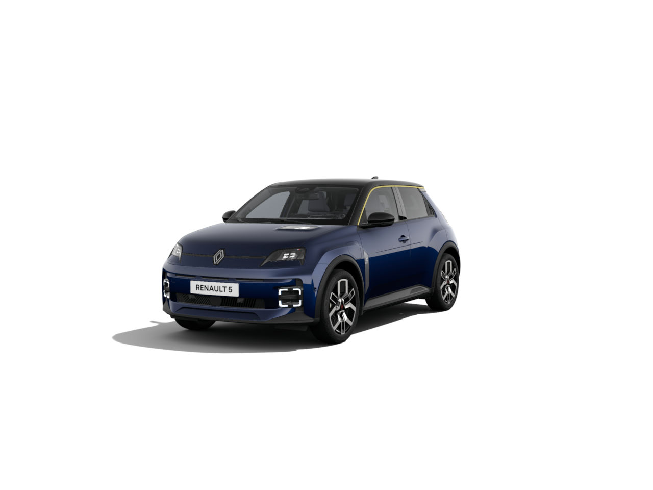 Renault 5 in einem eleganten blauen Design, frontal von links sichtbar.