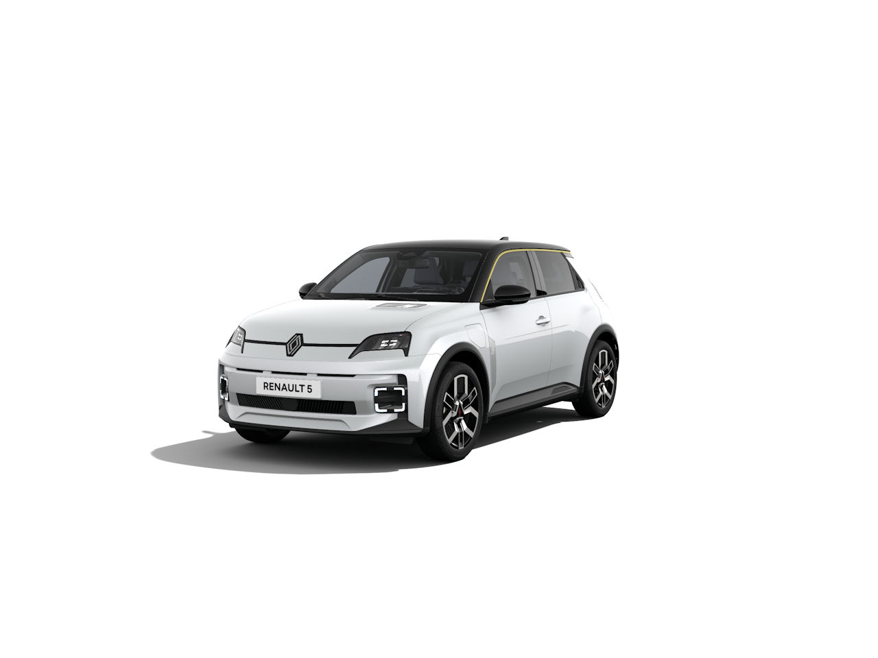 Renault 5, ein modernes, kompaktes Elektrofahrzeug in Weiß mit sportlichem Design.