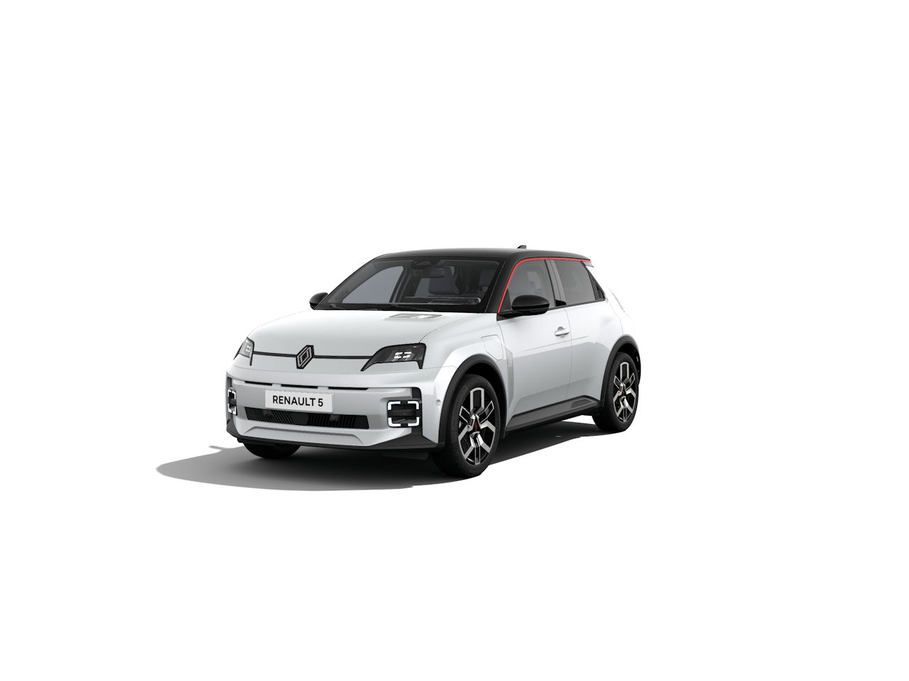 Weißer Renault 5 mit rotem Dach, modernem Design und sportlicher Architektur, auf weißem Hintergrund.