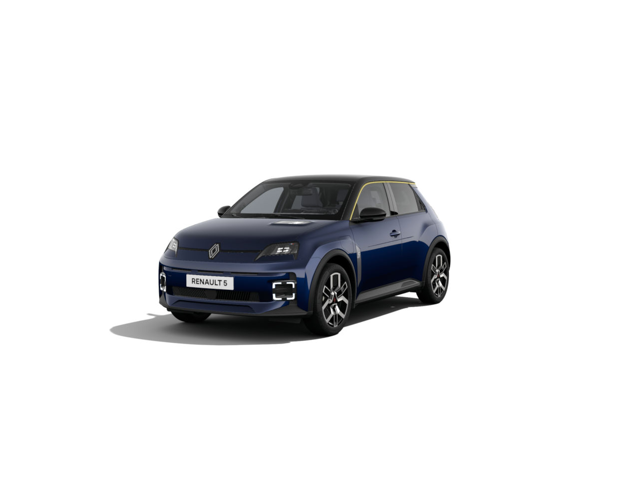 Renault 5 in Blau mit modernen Linien und einzigartigem Design, frontal präsentiert auf weißem Hintergrund.