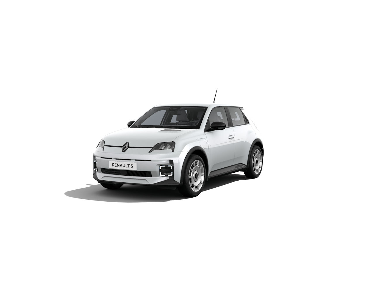 Weißer Renault 5, modernes Design, Frontansicht, auf weißem Hintergrund.