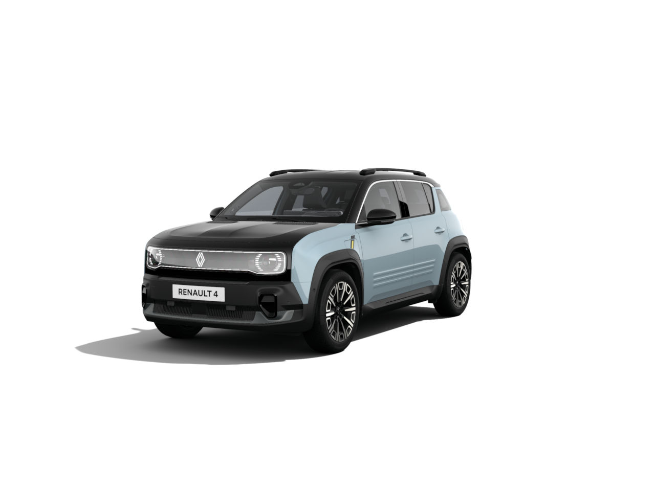 Renault 4 in hellblau und schwarz, frontal betrachtet, moderne SUV-Designmerkmale.