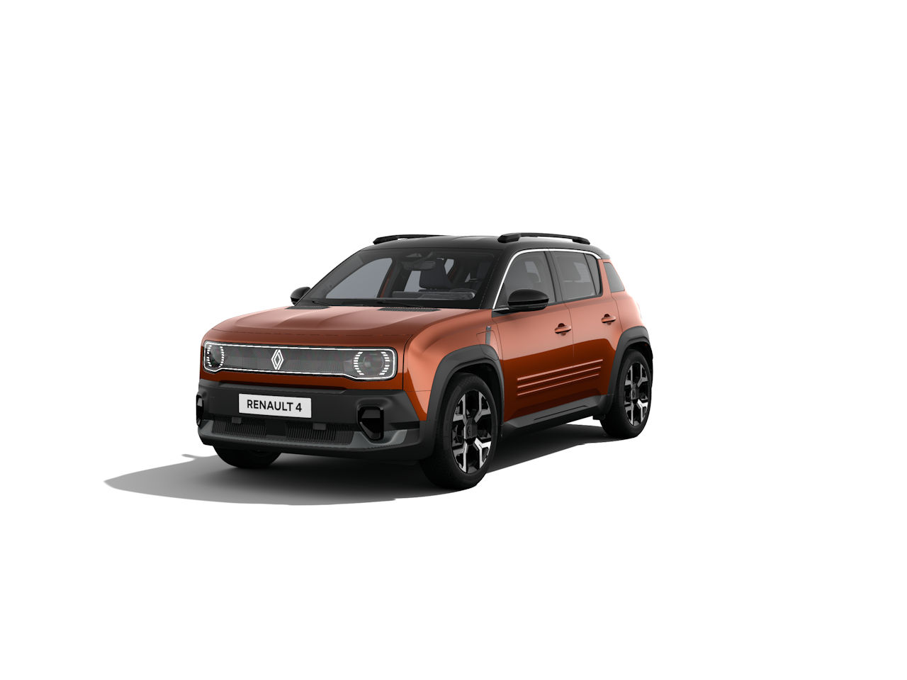Renault 4 SUV in Orange mit schwarzem Dach, modernes Design, vorne links sichtbar auf weißem Hintergrund.