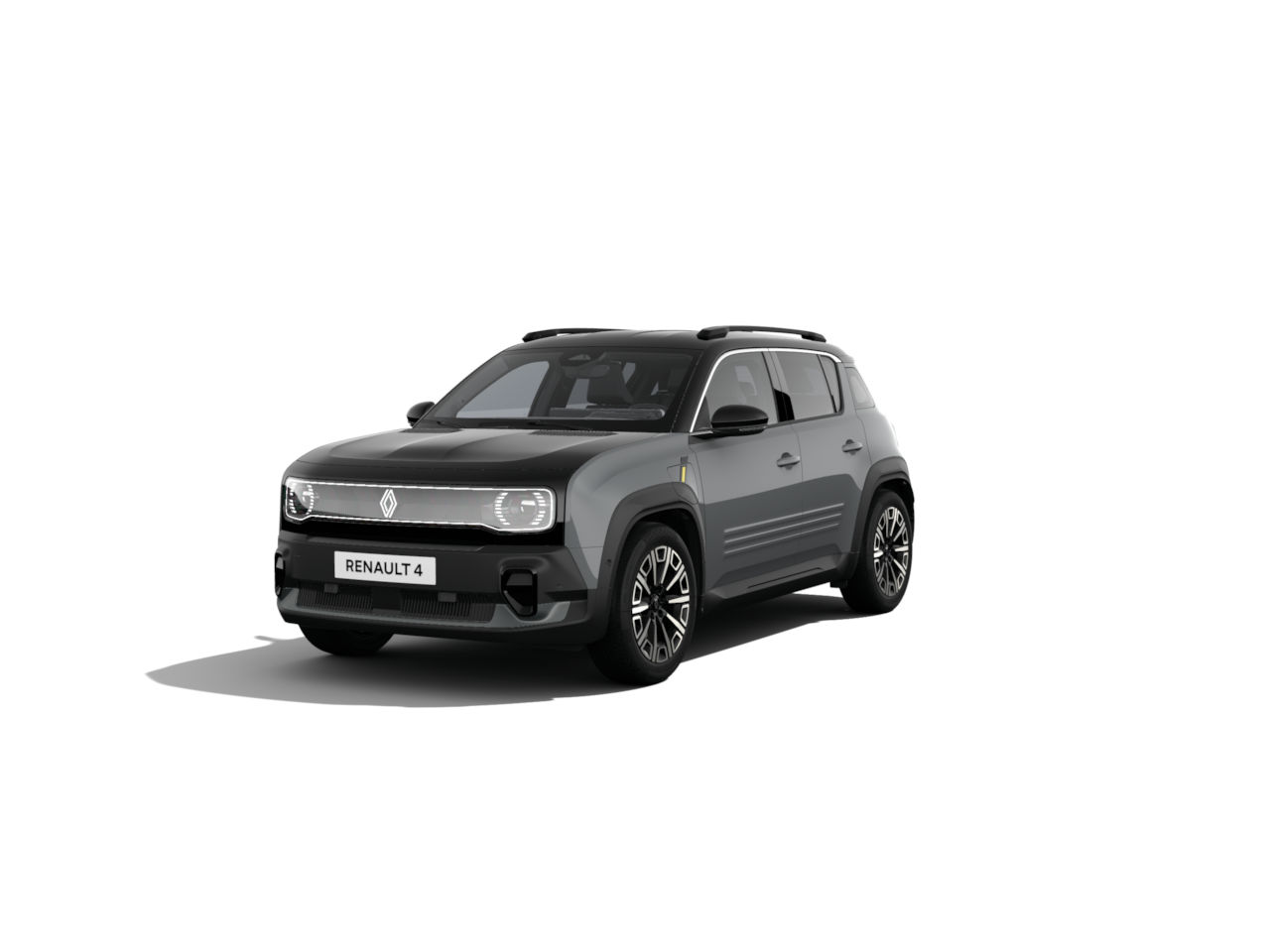 Renault 4 in grau, moderne SUV-Design mit markanten Scheinwerfern und stilvollen Felgen, auf weißem Hintergrund.