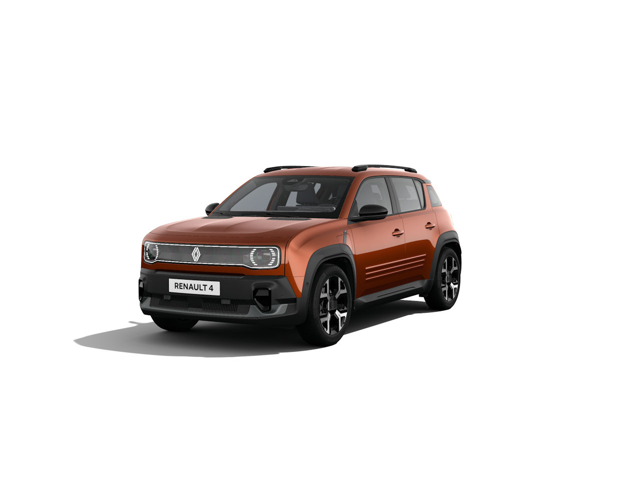 Ein Renault 4 SUV in leuchtendem Orange, frontal präsentiert auf weißem Hintergrund.
