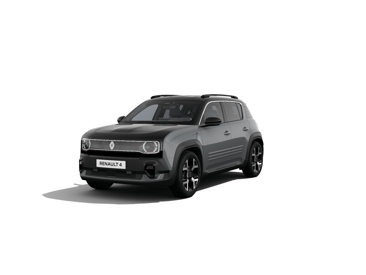 Schwarzes Renault 4 Fahrzeug auf weißem Hintergrund, modernes Design, SUV-Stil.