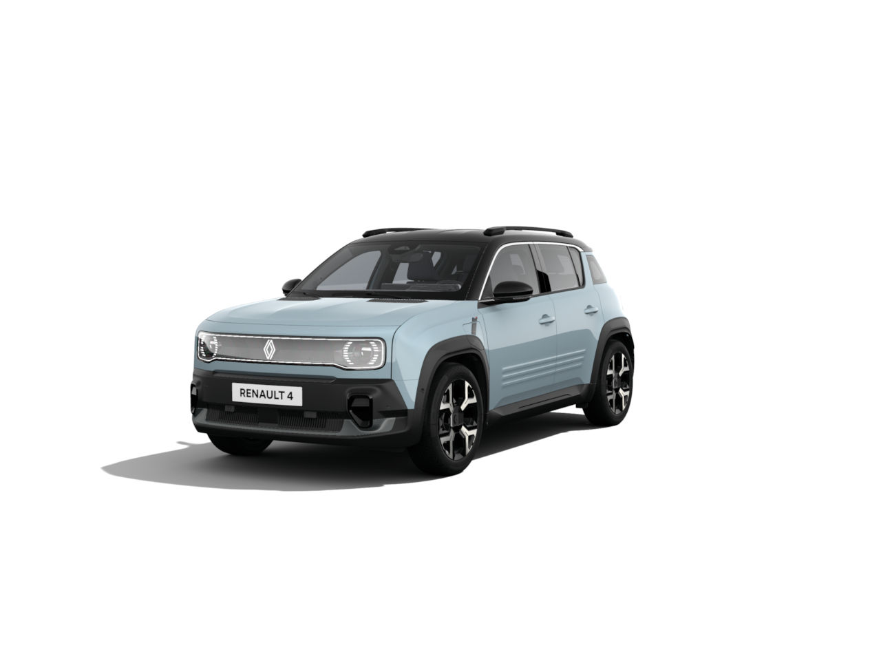 Renault 4 Elektroauto in hellblauer Farbe mit schwarzem Dach, frontal abgebildet.