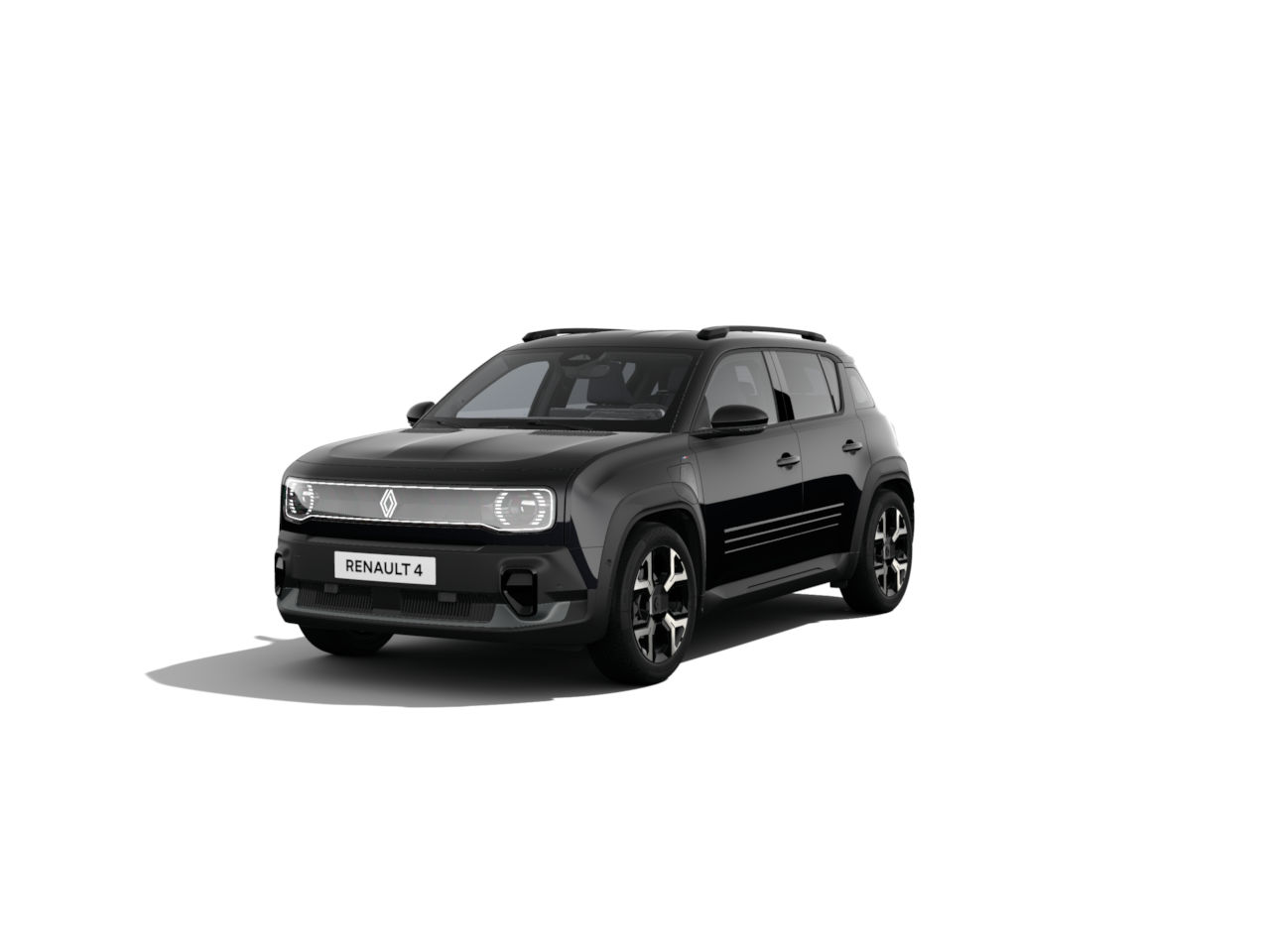 Schwarzer Renault 4 SUV, moderne Design-Elemente, vorne sichtbar auf weißem Hintergrund.