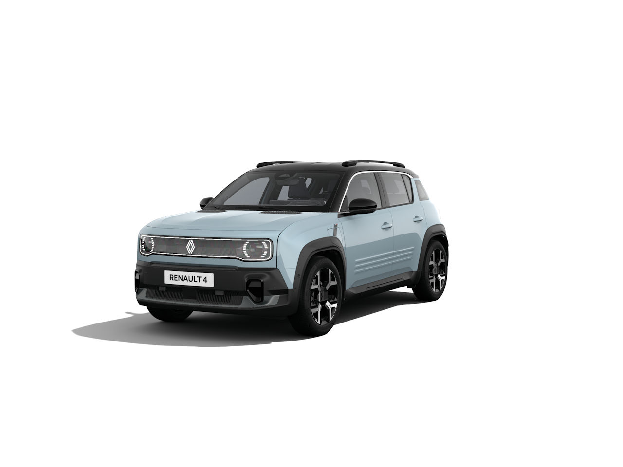 Renault 4 im modernen Design, hellblau mit schwarzen Akzenten, steht auf weißem Hintergrund.