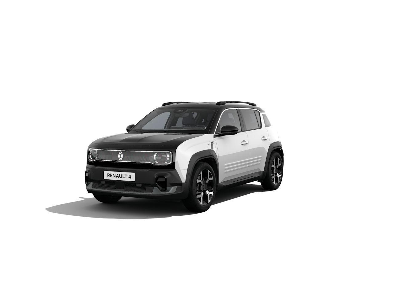 Renault 4, moderner SUV, schwarz-weißer Farbton, auffällige Frontscheinwerfer, auf weißem Hintergrund.