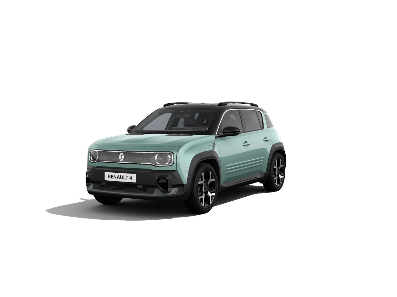 Renault 4 in mintgrün mit schwarzem Dach, modernem Design und sportlichen Felgen, auf weißem Hintergrund.
