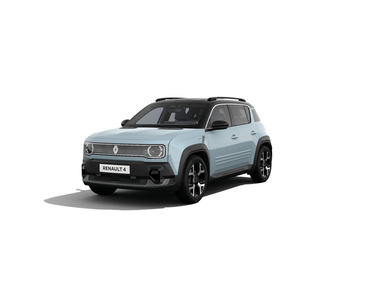Moderner Renault 4 im hellblauen Design mit schwarzem Dach, gezeigt aus der Vorderansicht auf weißem Hintergrund.