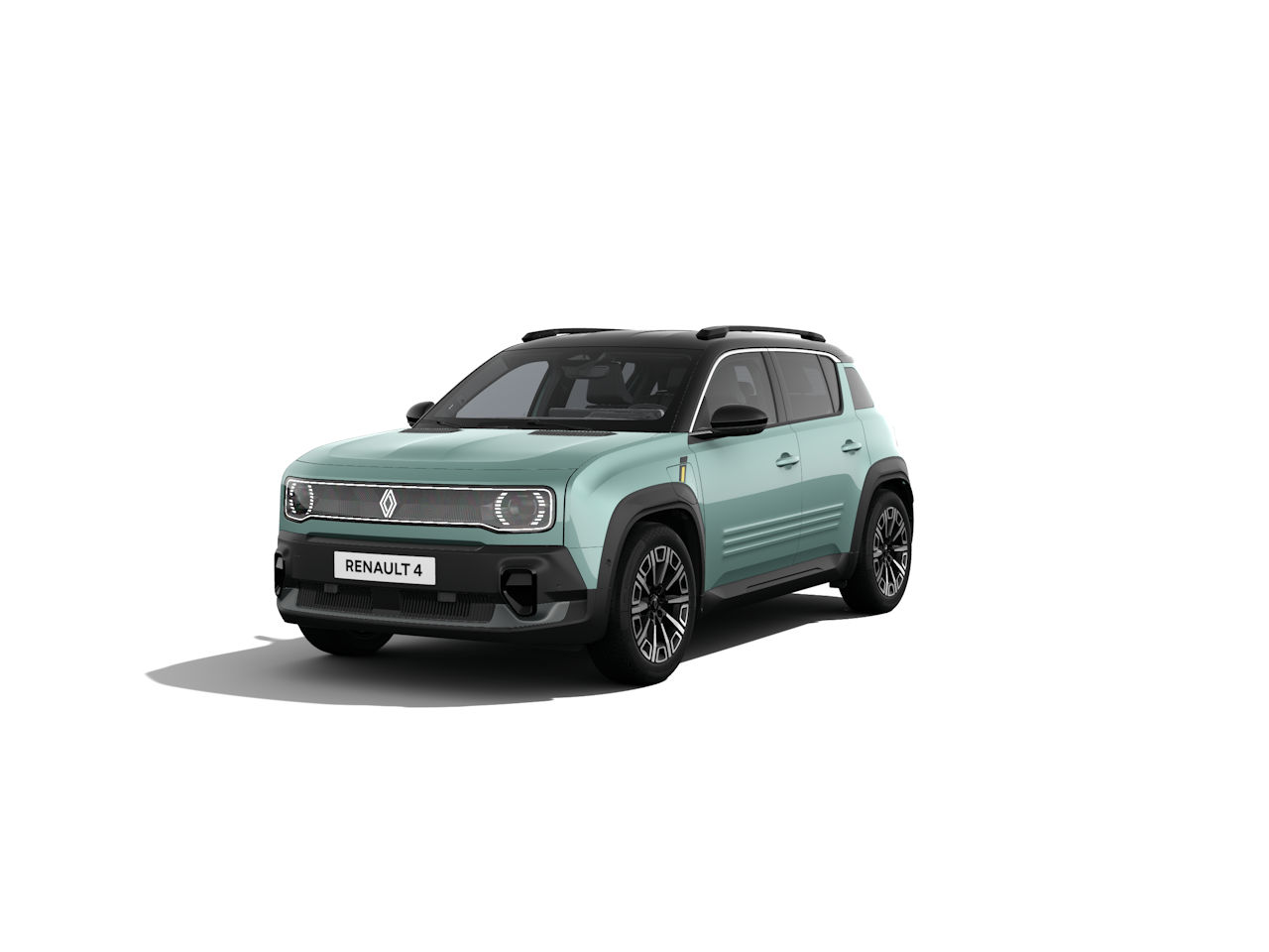 Renault 4 SUV in mintgrün mit schwarzem Dach, frontale Ansicht auf rauem Hintergrund.
