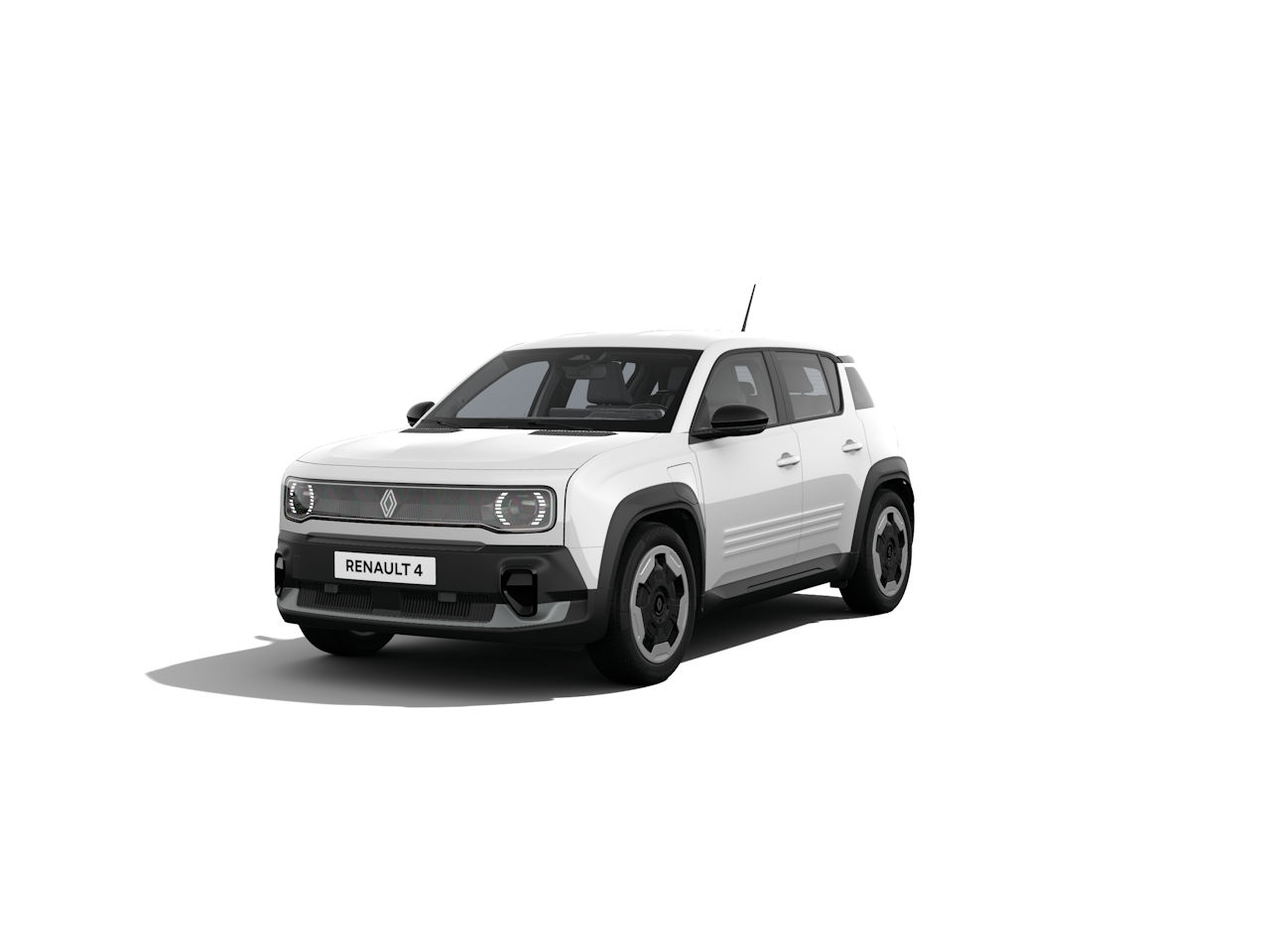 Renault 4 in Weiß, Frontansicht, moderner City SUV mit markanten Scheinwerfern und schwarzen Felgen.