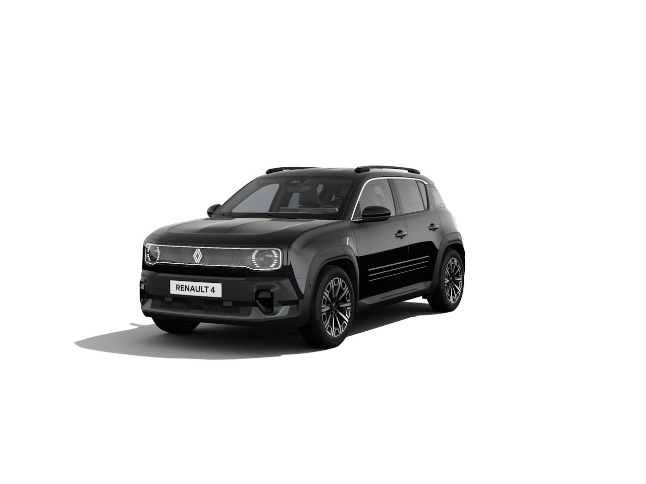 Der schwarze Renault 4 SUV steht auf einer weißen Fläche, präsentiert modernes Design und stilvolle Details.