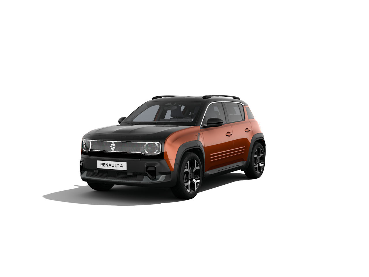 Renault 4 SUV, orange and black, steht auf weißem Hintergrund. Modernes Design und kompakte Größe.