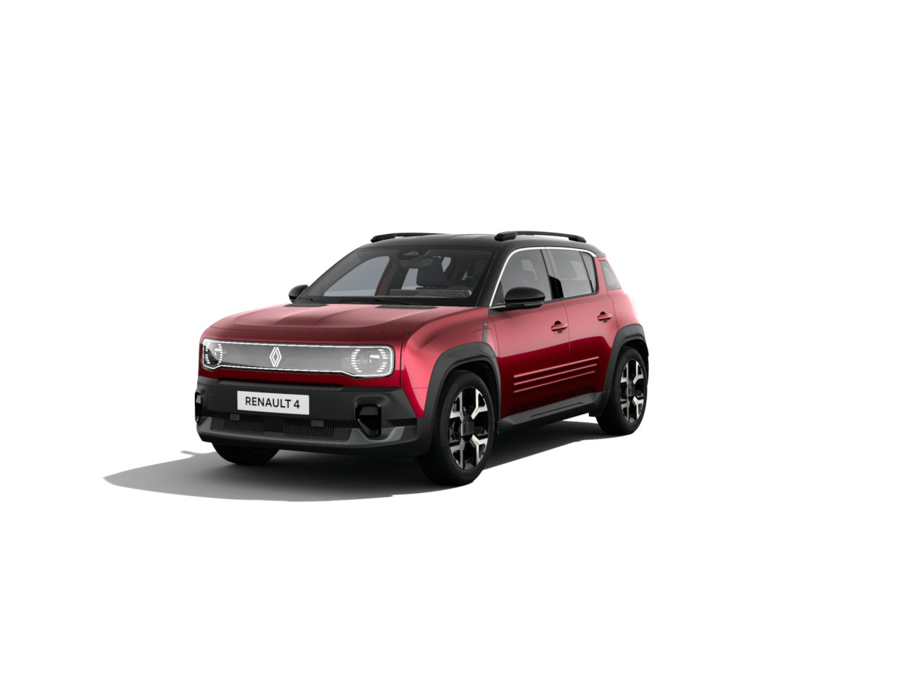 Ein roter Renault 4 SUV auf weißem Hintergrund, mit markantem Design und modernen Details.