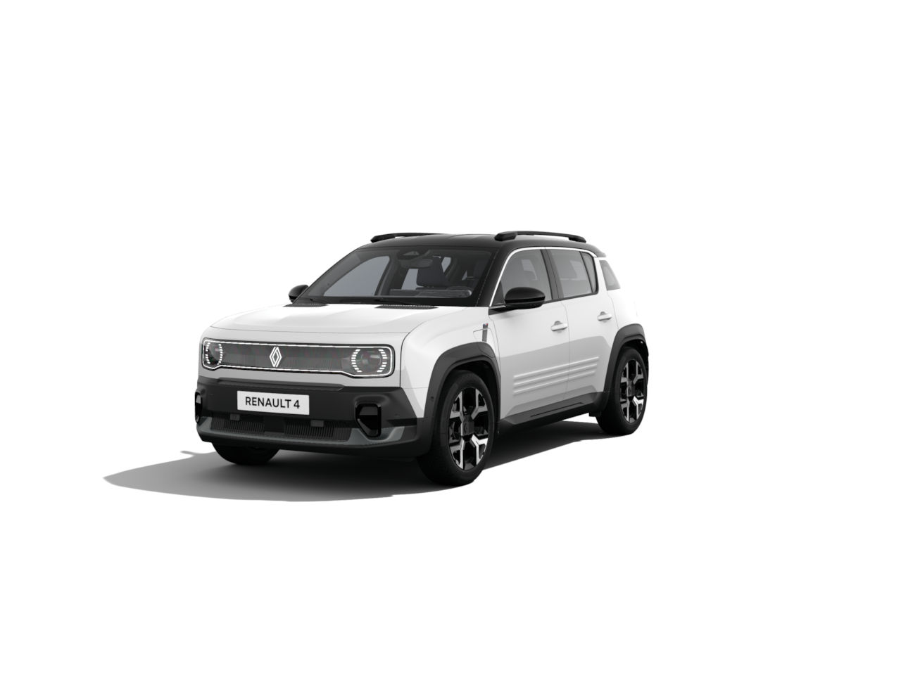 Ein moderner Renault 4 SUV in Weiß mit schwarzem Dach, präsentiert in einer frontalen Ansicht.