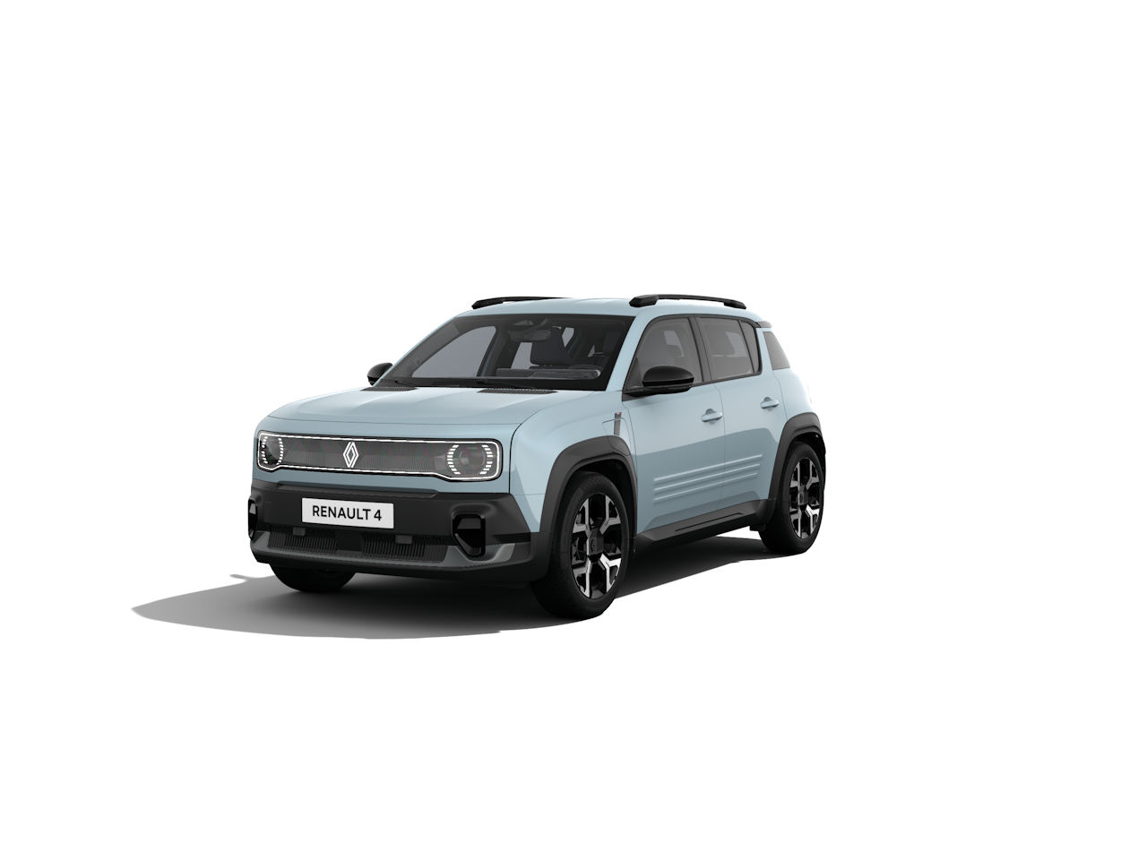 Renault 4, ein hellblauer SUV mit modernem Design, Vorderansicht auf weißem Hintergrund.