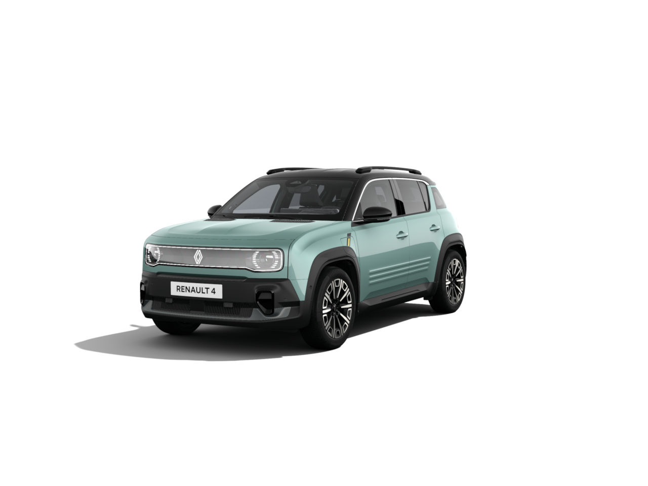 Renault 4 in mintgrüner Farbe, moderner SUV-Stil, halbseitige Ansicht, auf weißem Hintergrund.