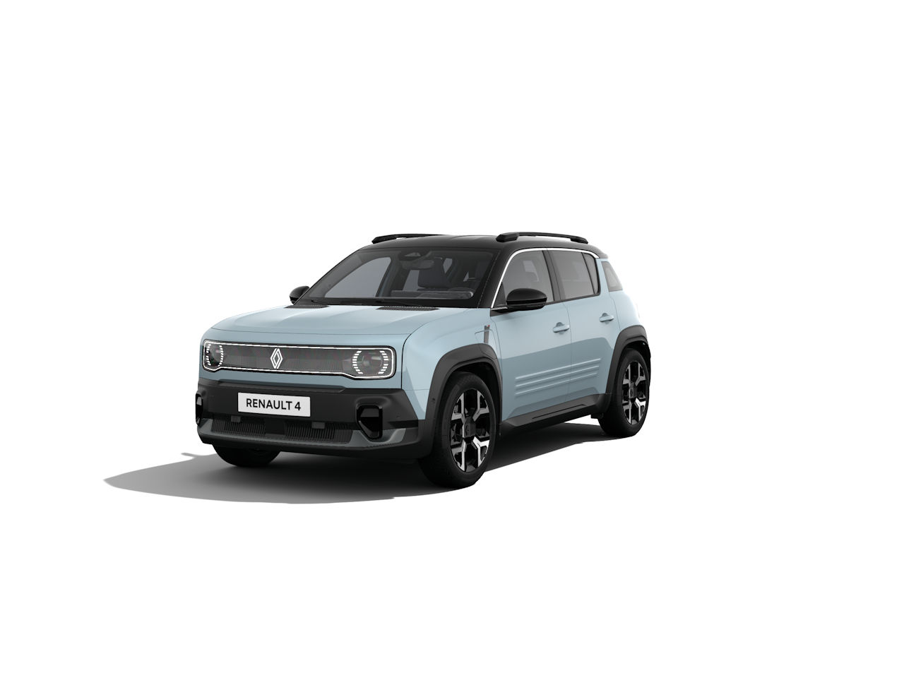Renault 4 in blauer Farbe, moderne SUV-Form, sportliche Details und Auffällige schwarze Felgen.