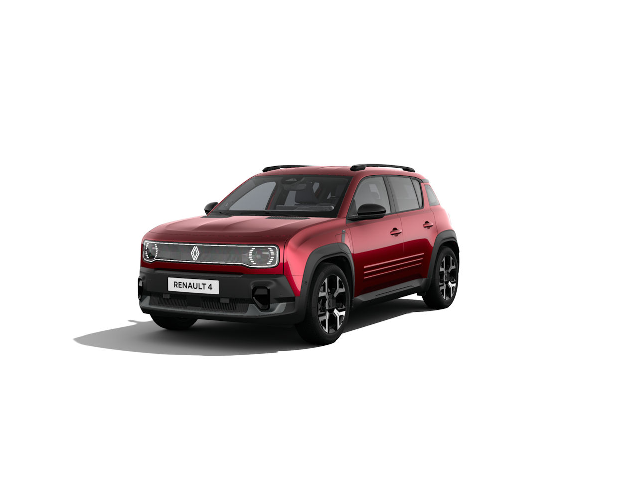 Eine rote Renault 4 SUV-Model mit stylischem Design vor weißem Hintergrund.