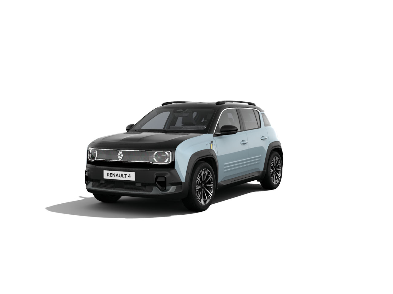 Renault 4 in hellblau und schwarz, SUV-Design, vor weißem Hintergrund.