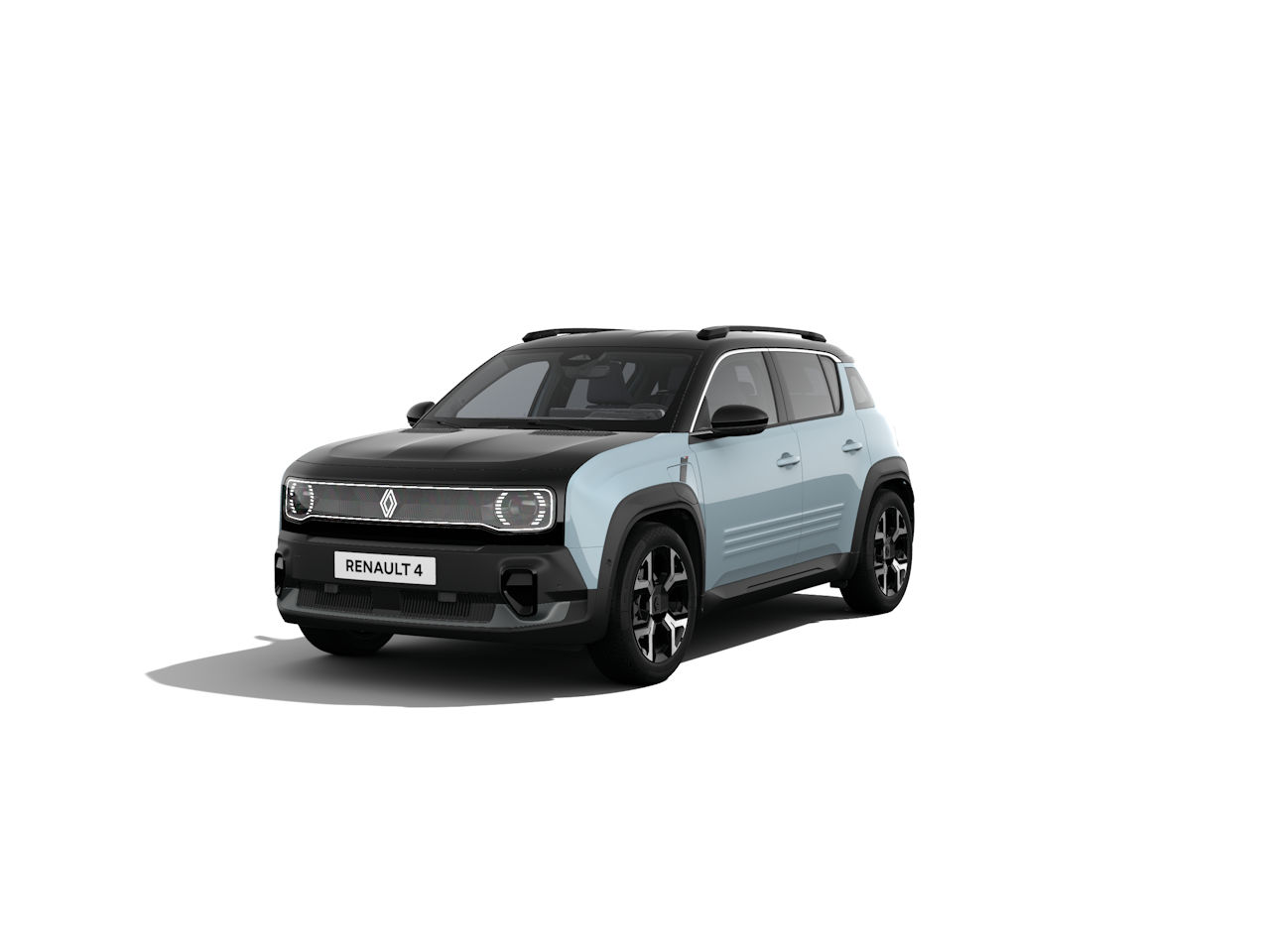 Renault 4 SUV in blau-schwarz, modernes Design, frontansicht, auf weißem Hintergrund.