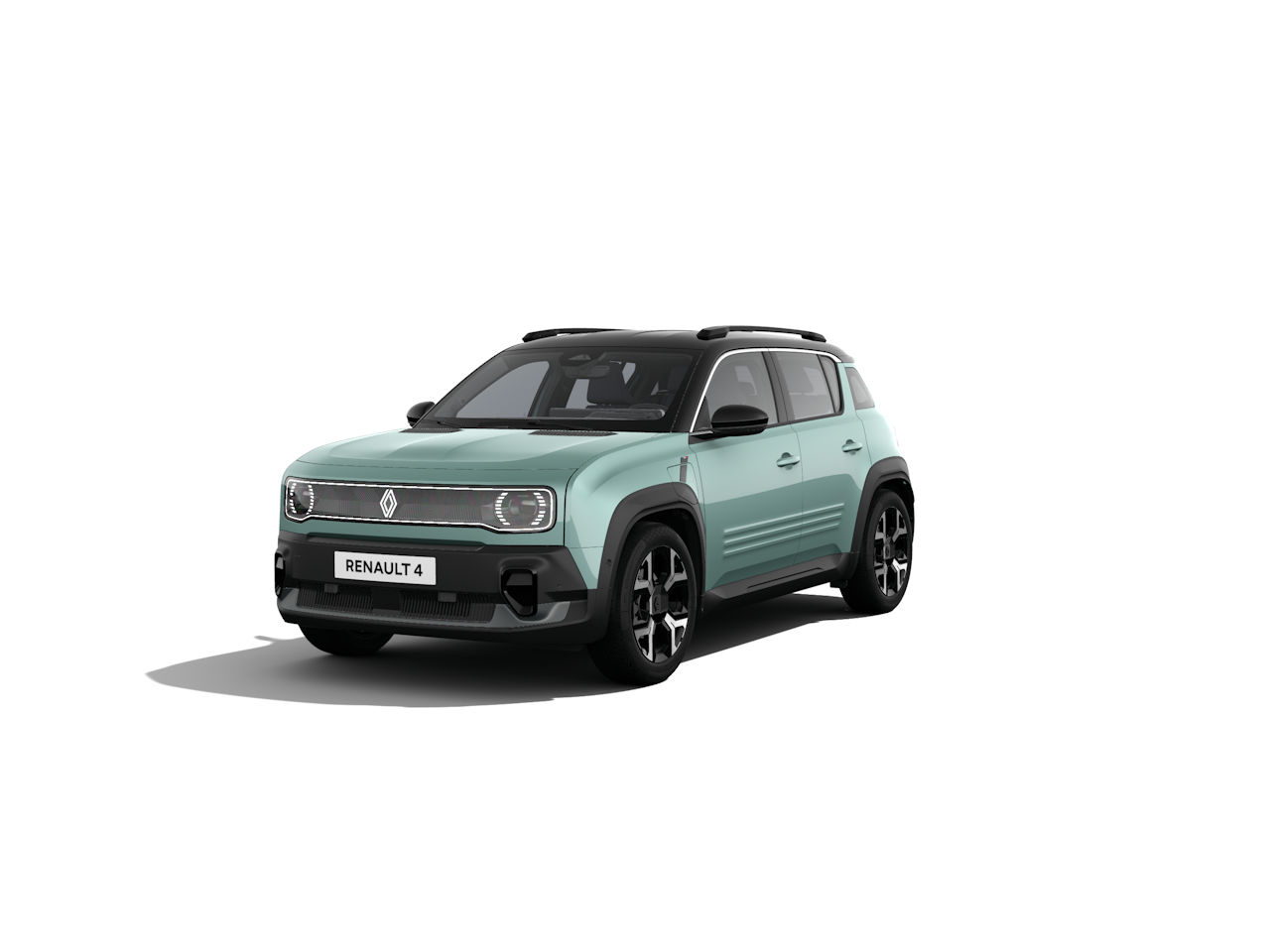 Renault 4 im mintgrünen Design, sportlich, SUV-Stil, auf weißem Hintergrund.