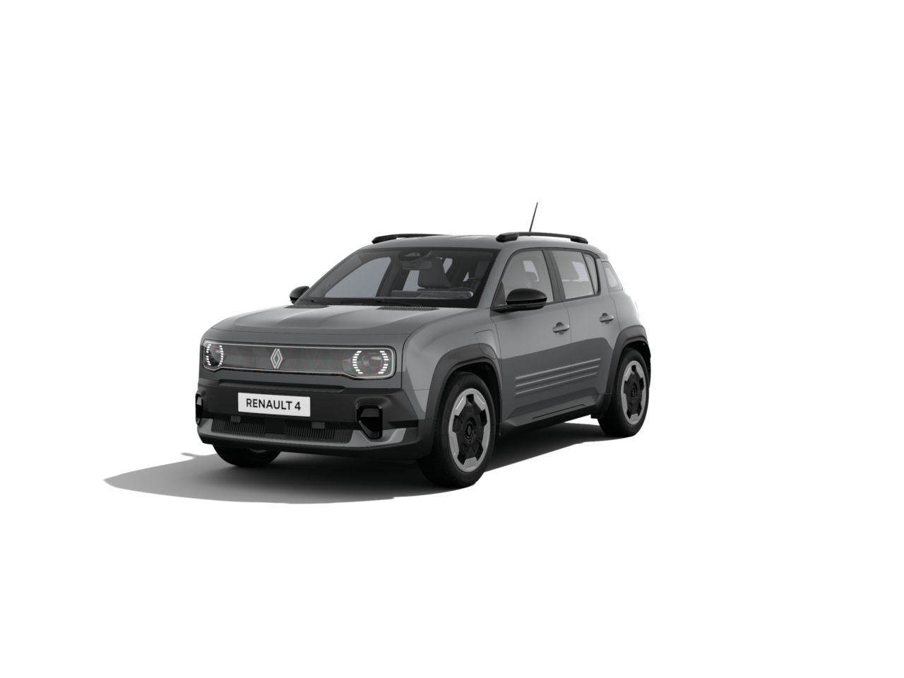 Renault 4 in grau, frontalansicht, modernes Design, kompakt und sportlich, Teil der Elektrofahrzeugreihe.