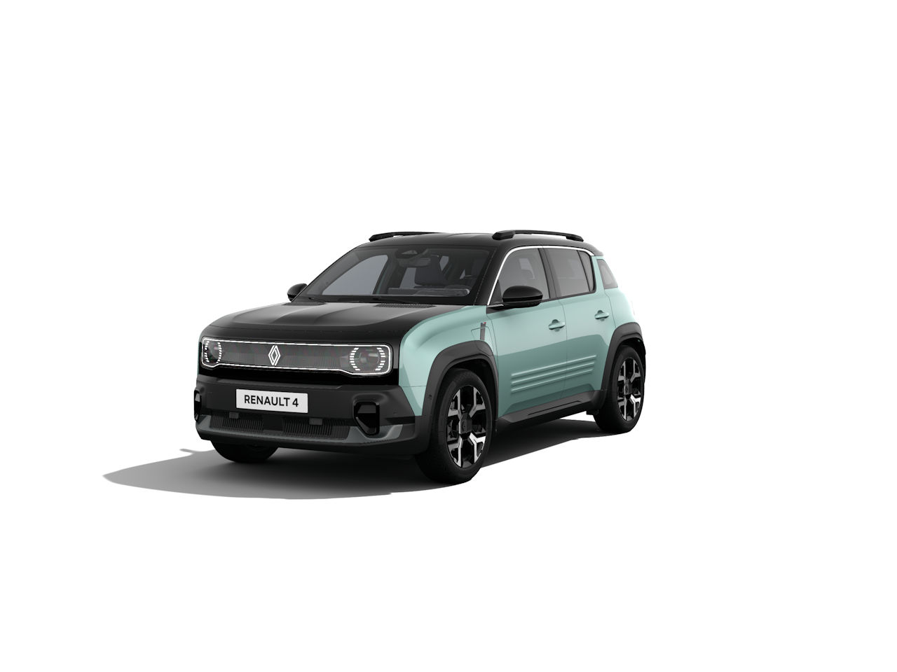 Der Renault 4, ein stylisches Auto mit mintgrüner und schwarzer Farbe, steht auf weißem Hintergrund.