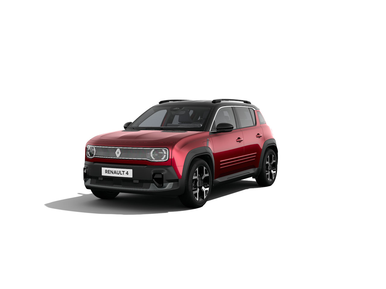 Renault 4 Auto in Rot mit schwarzem Dach, moderne und stilvolle SUV-Design, auf weißem Hintergrund.