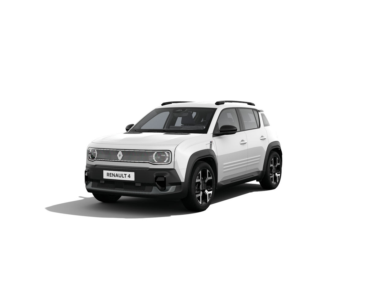Ein weißer Renault 4 SUV, frontal abgebildet, auf klarem Hintergrund, modern und kompakt.