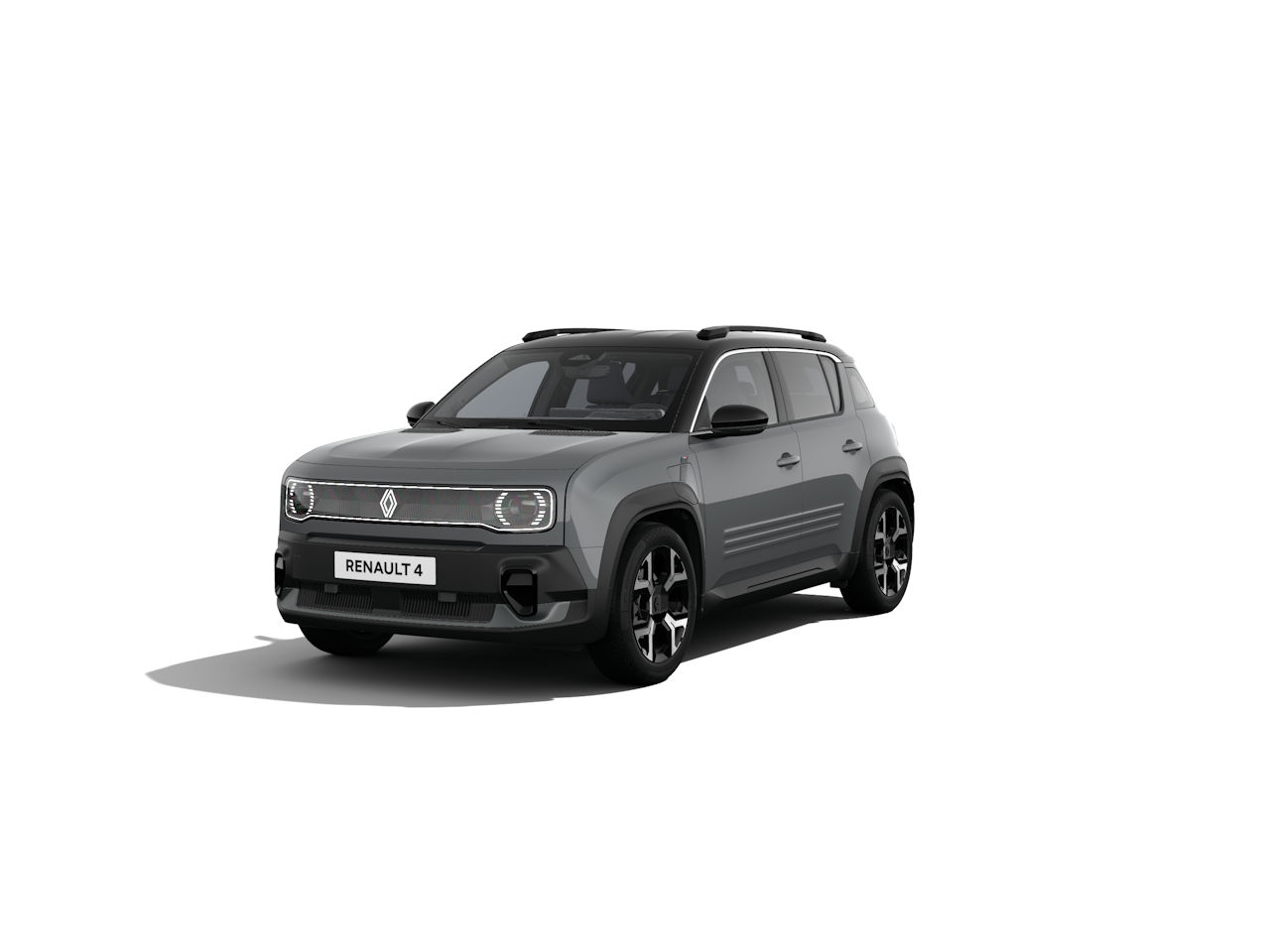 Renault 4 in grau, SUV-Design, frontseitig mit markanten Scheinwerfern und stylischer Karosserie.
