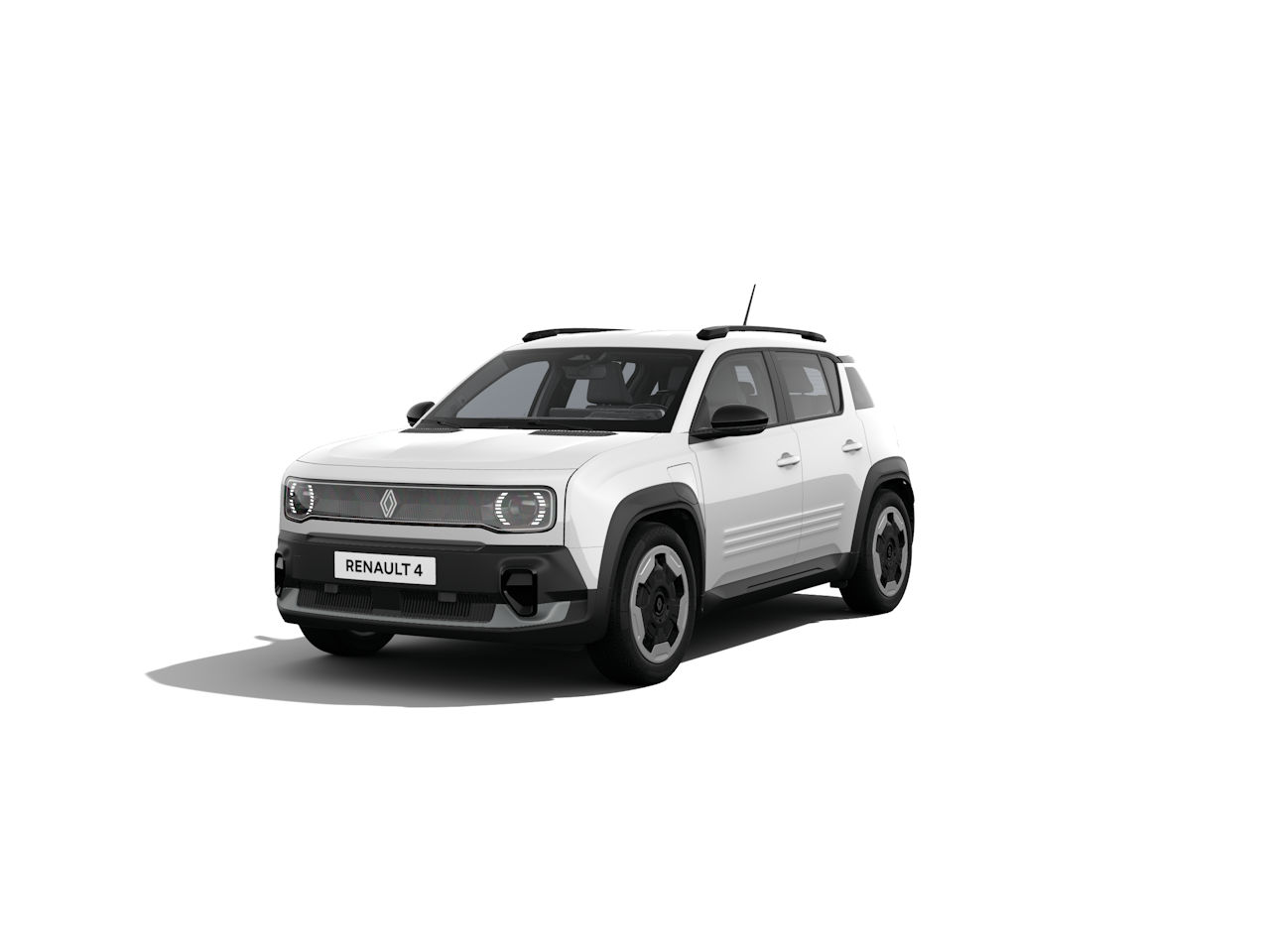 Weißer Renault 4 SUV mit auffälligen Scheinwerfern und modernen Designelementen auf weißem Hintergrund.