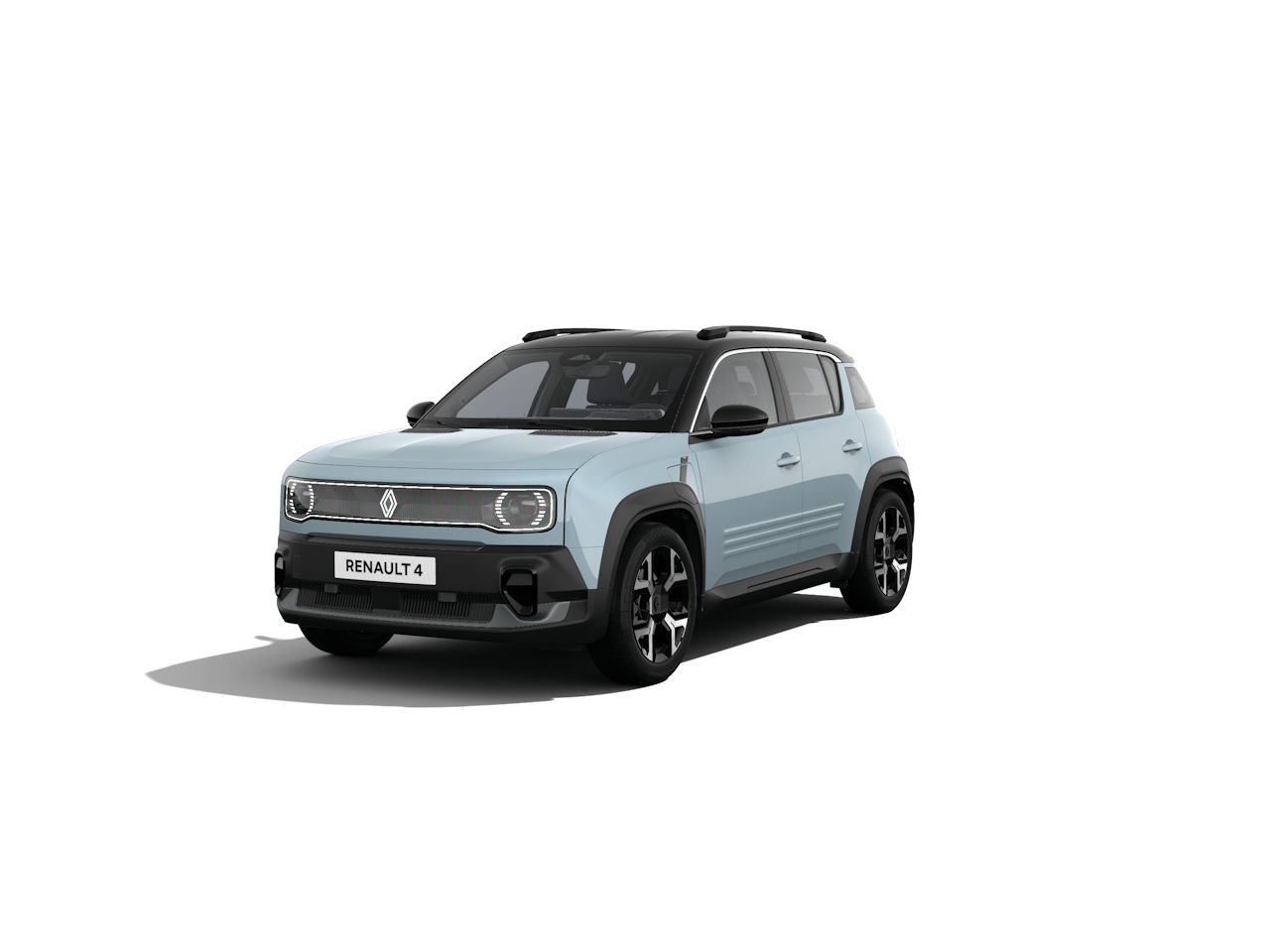 Ein blauer Renault 4 SUV, frontal, auf weißem Hintergrund, moderne Designlinien und schwarze Akzente.