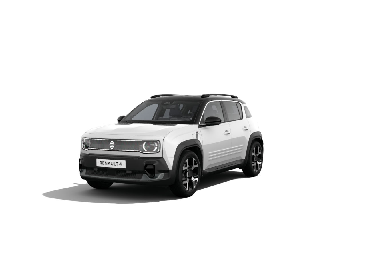 Renault 4 SUV in Weiß mit schwarzem Dach, seitliche Beleuchtung und sportlichen Felgen, auf weißem Hintergrund.