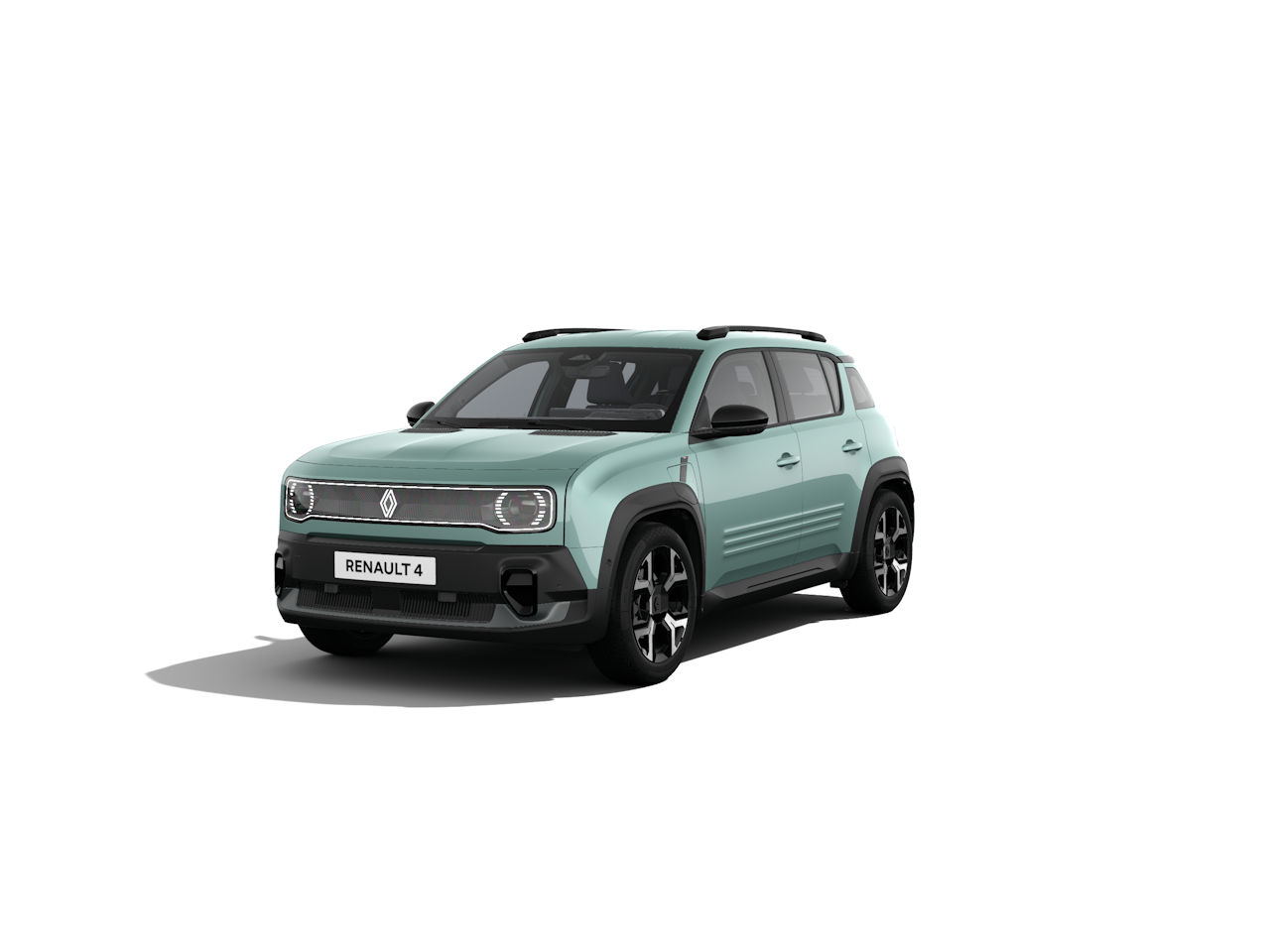 Mintgrüner Renault 4 SUV mit modernem Design auf weißem Hintergrund.