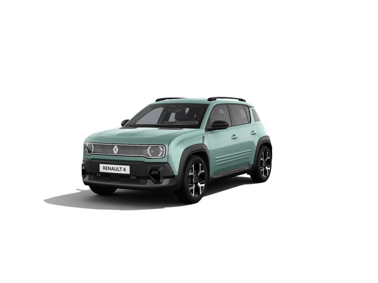 Renault 4 in mintgrüner Farbe, moderne SUV-Design, steht auf einem weißen Hintergrund.