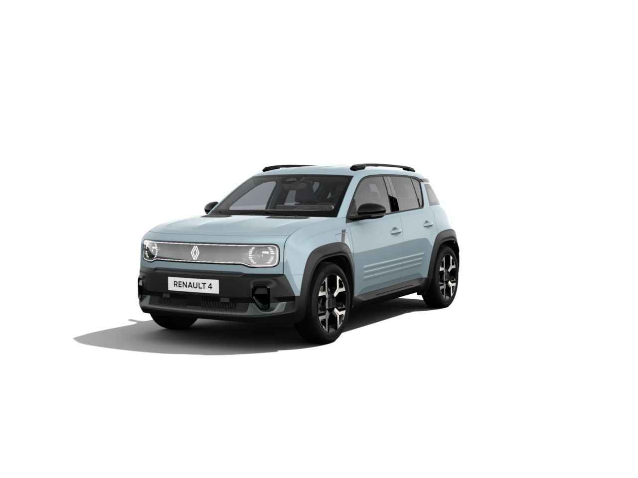 Renault 4, ein blaues SUV-Modell mit modernem Design und schwarzen Akzenten auf neutralem Hintergrund.