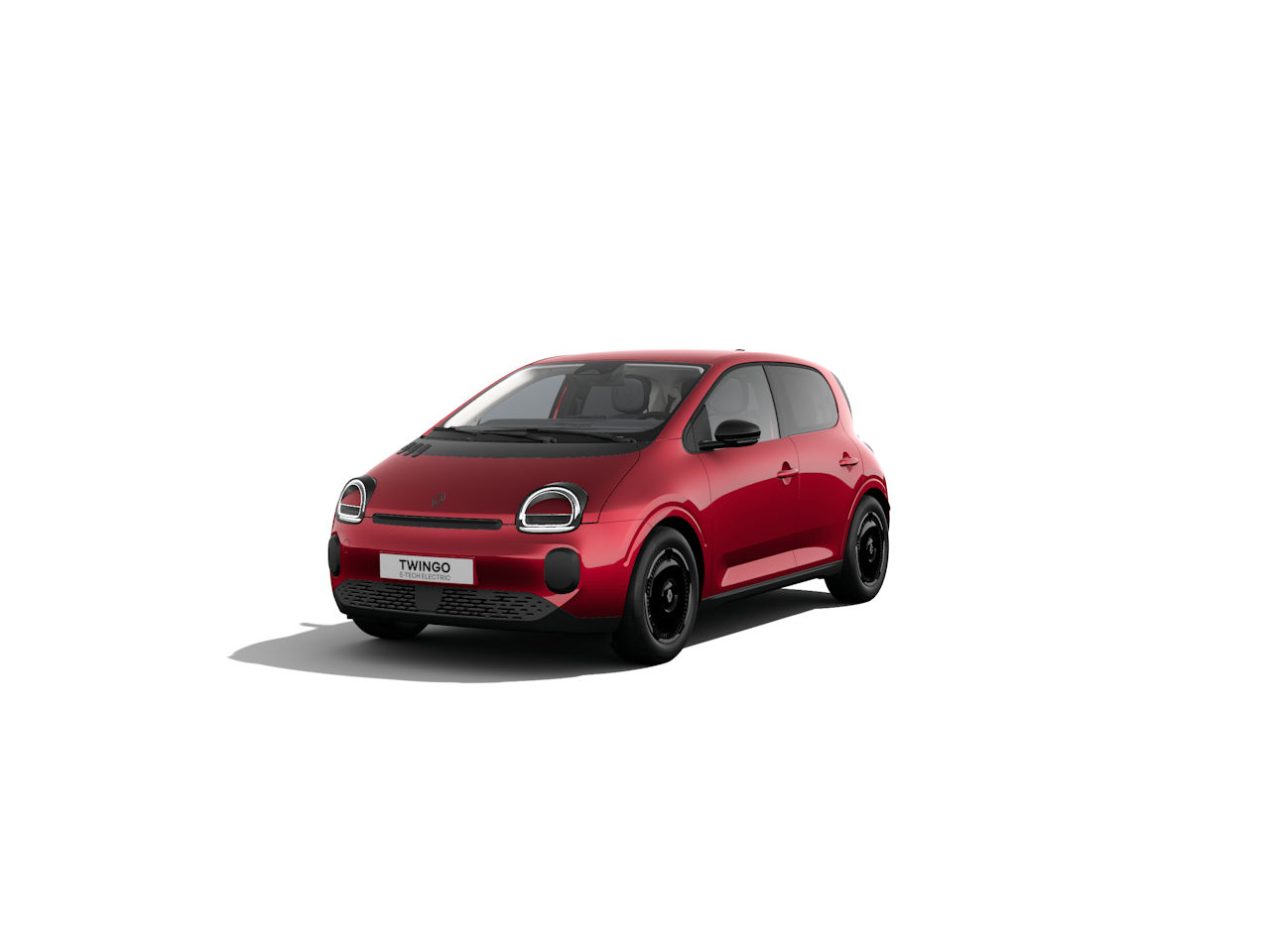 Ein roter Renault Twingo von der Vorderseite, mit schwarzem Rad-Design auf weißem Hintergrund.