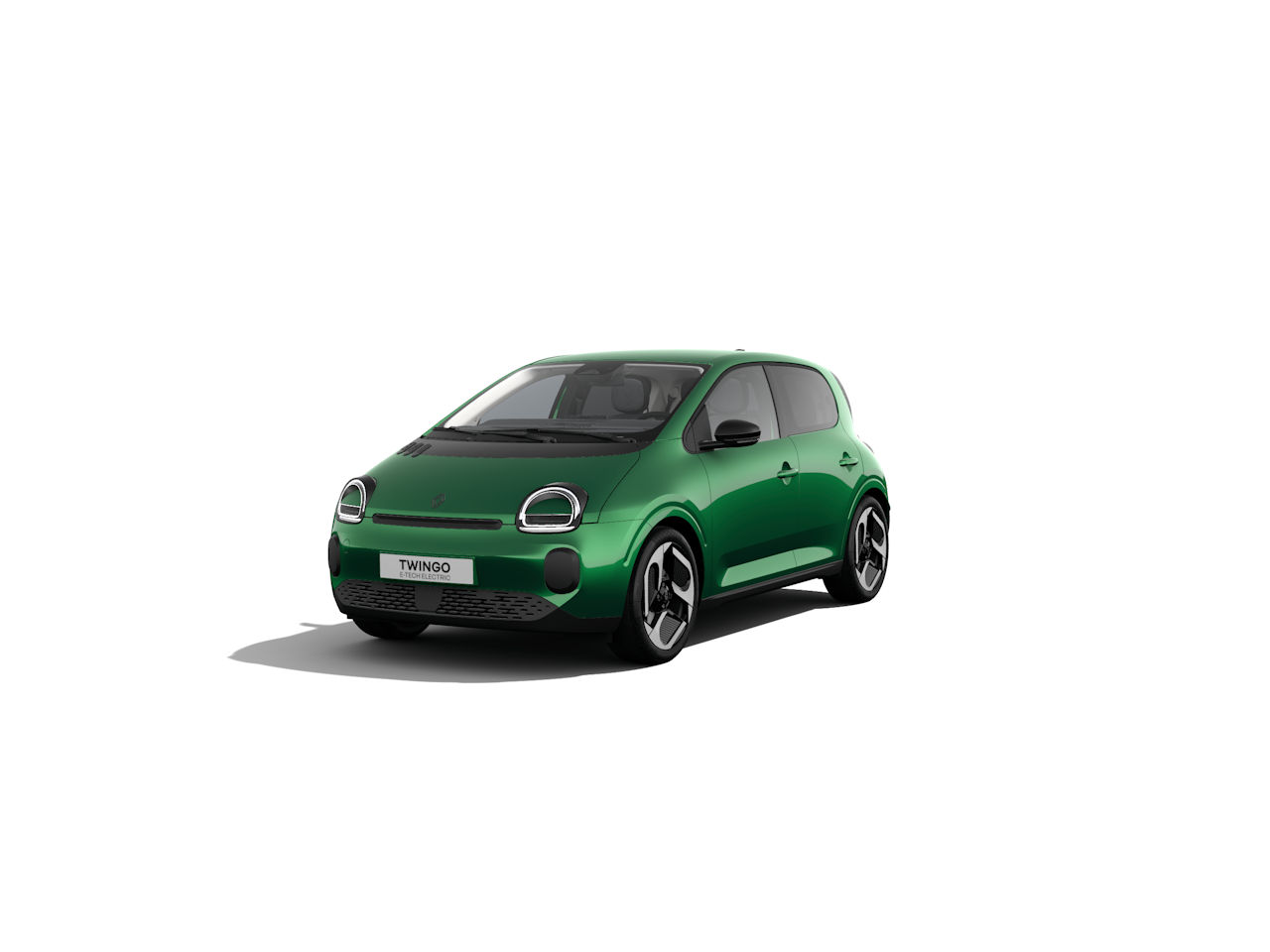 Grüner Renault Twingo im Vordergrund, sportliches Design und modernes Aussehen, vor weißem Hintergrund.